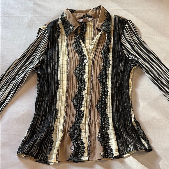 Tan Jay Blouse Striped Lace Pleats Long Bell Sleeves Black Tan Women’s Size 8 - Picture 2 of 11
